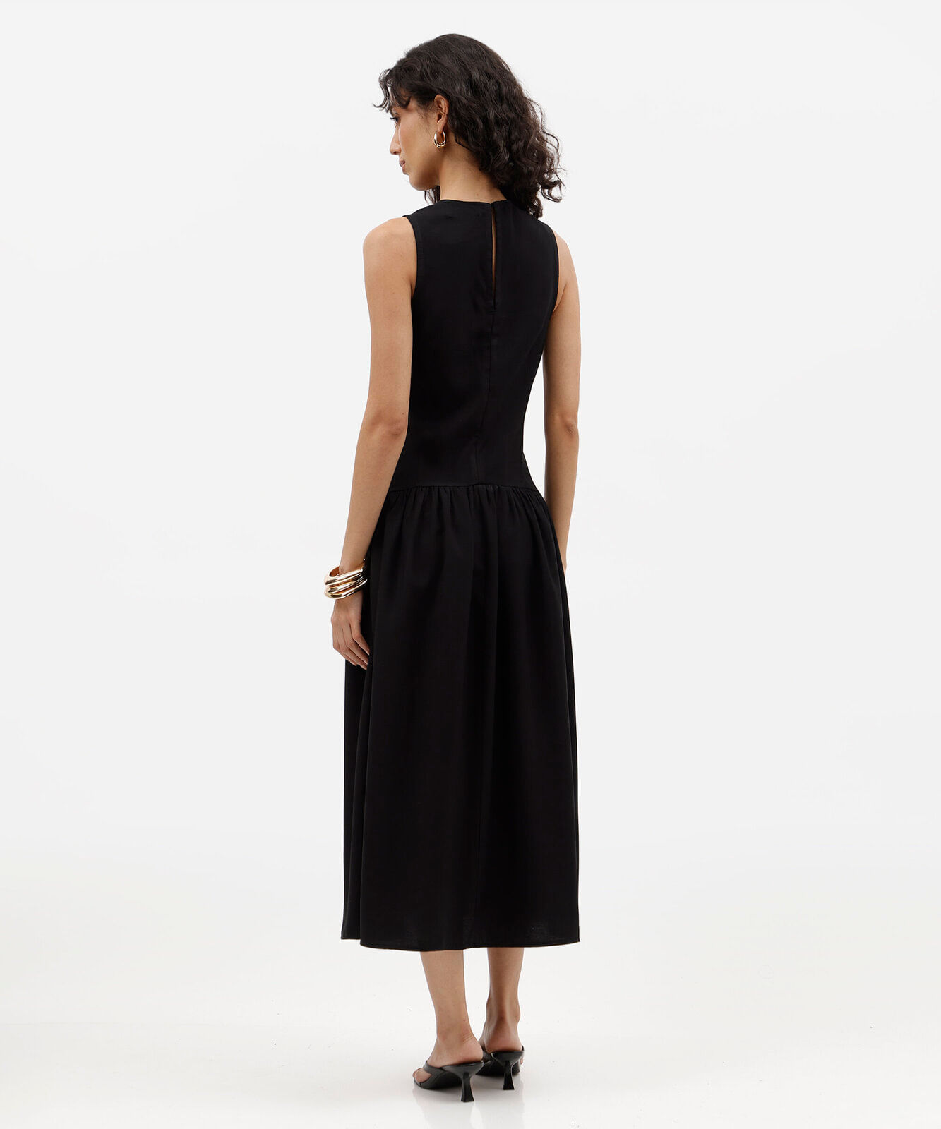 vestido midi feminino com viscose franzido preto