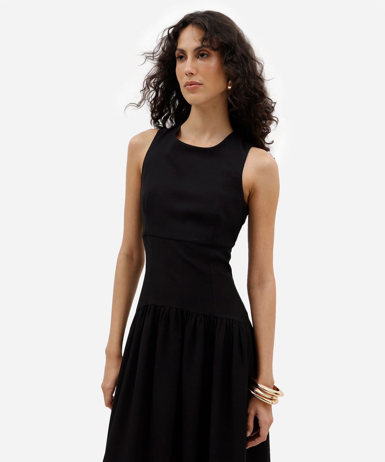 vestido midi feminino com viscose franzido preto