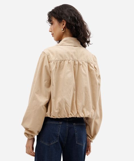 jaqueta cropped balonê feminina de sarja bege