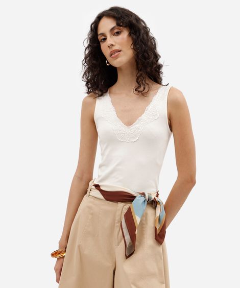 regata feminina de algodão devote v com renda off white
