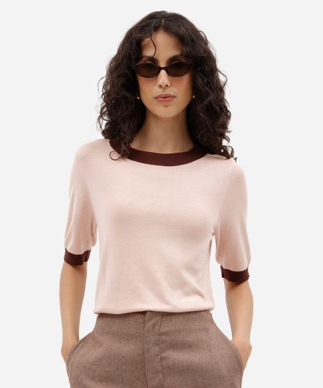 blusa feminina de tricot manga curta com botões rosa