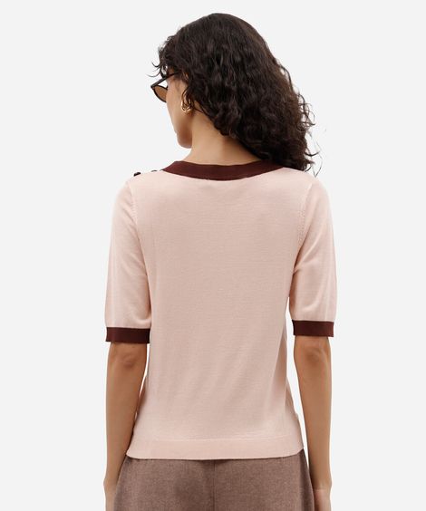 blusa feminina de tricot manga curta com botões rosa
