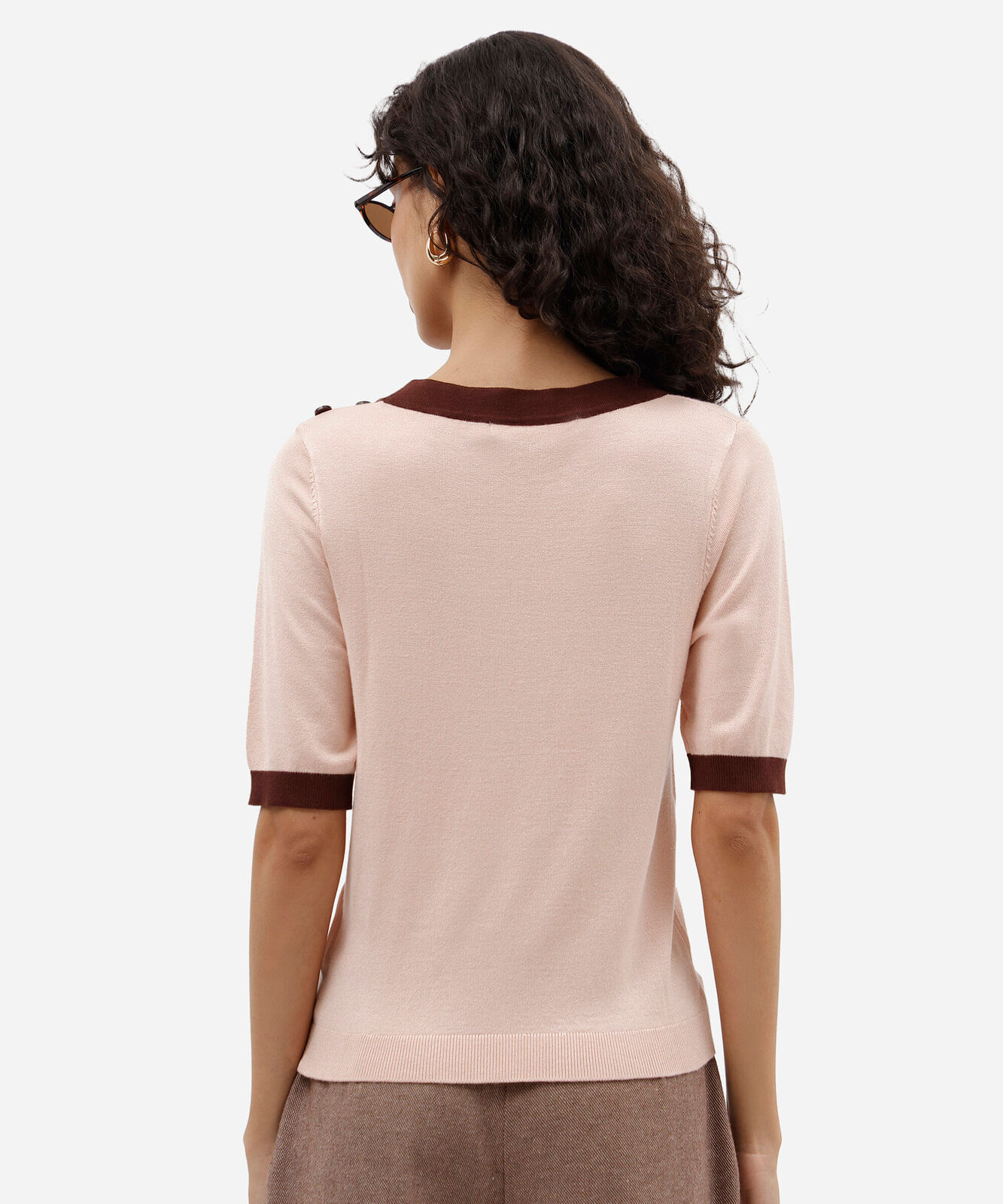 blusa feminina de tricot manga curta com botões rosa
