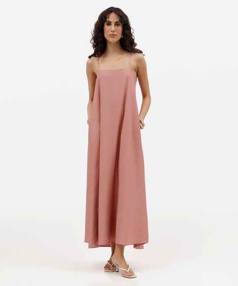 vestido longo alça fina feminino com bolsos texturizado rosa