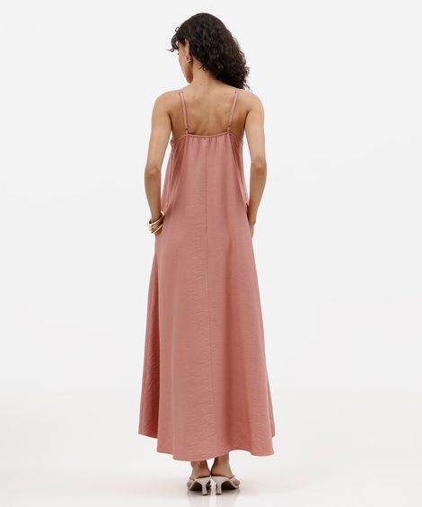 vestido longo alça fina feminino com bolsos texturizado rosa
