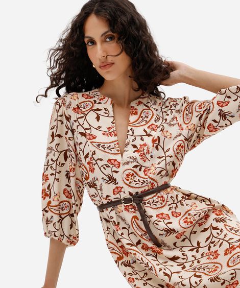 vestido curto feminino de viscose decote v manga bufante floral amarelo
