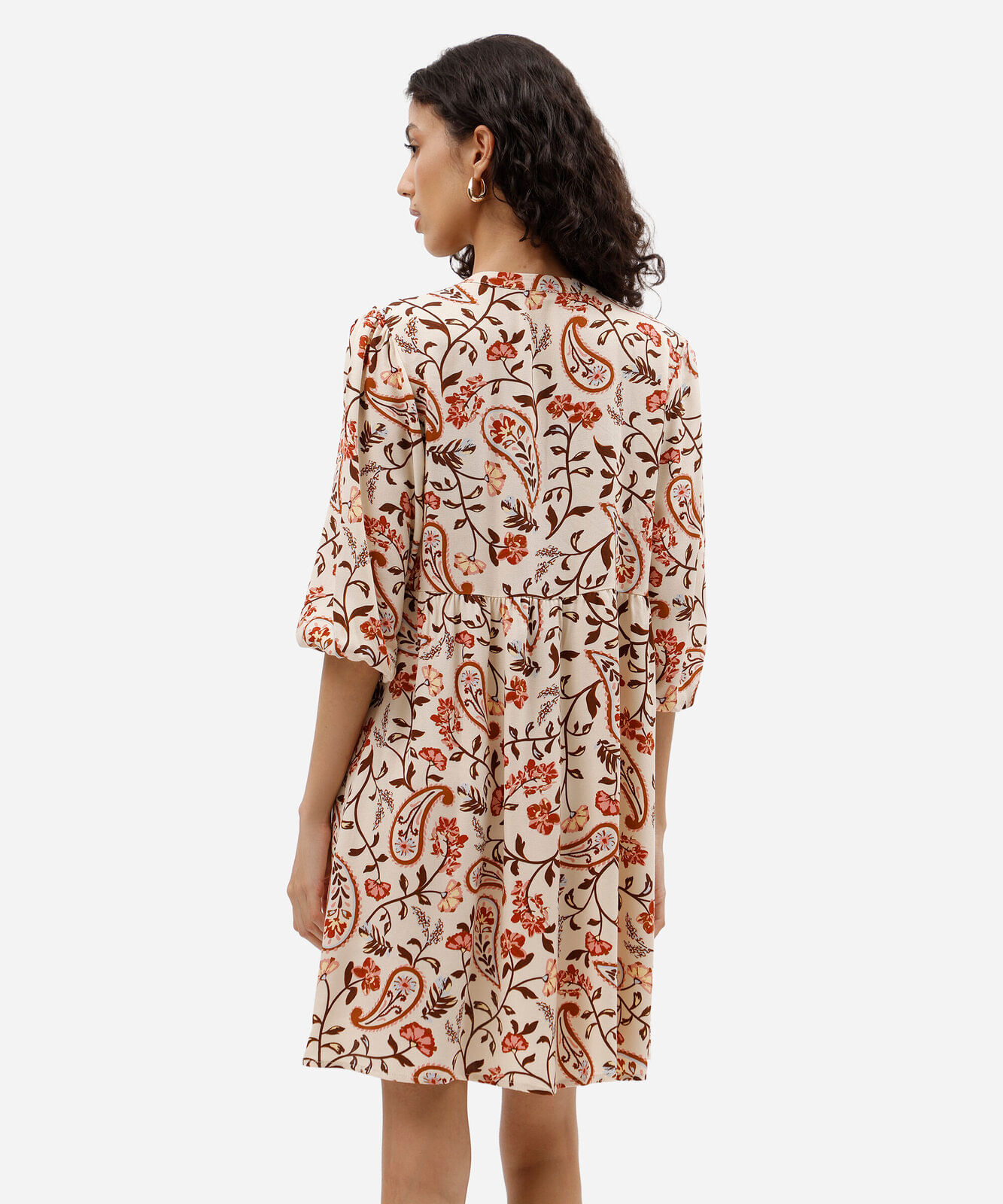 vestido curto feminino de viscose decote v manga bufante floral amarelo