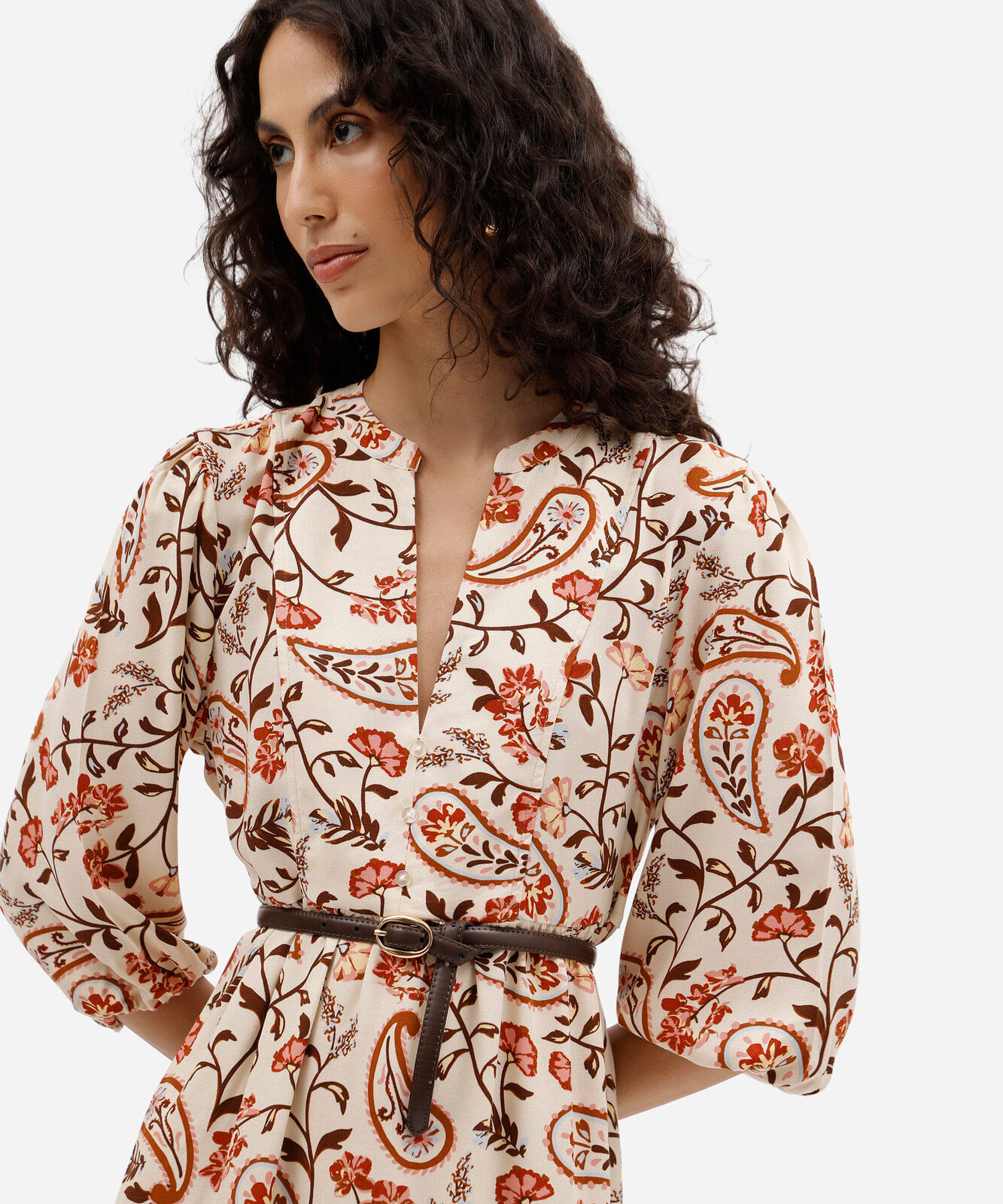 vestido curto feminino de viscose decote v manga bufante floral amarelo