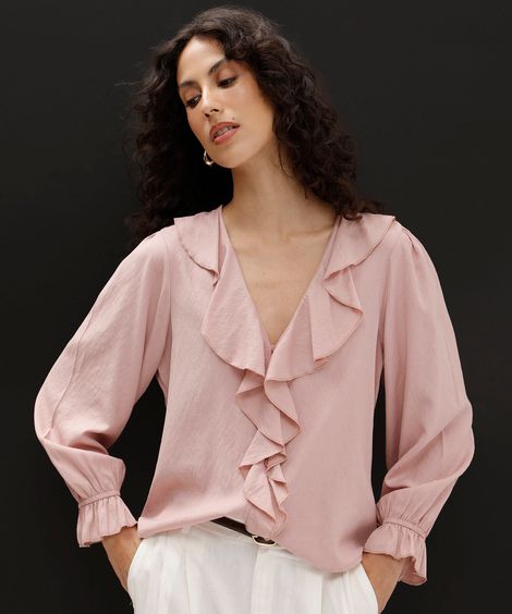 bata feminina com viscose e babados manga longa rosa