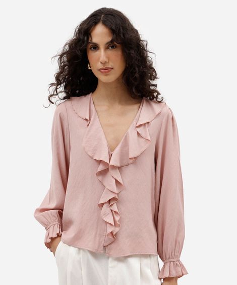 bata feminina com viscose e babados manga longa rosa