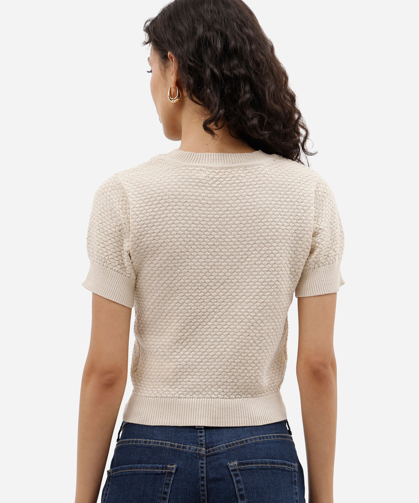 blusa feminina de tricot manga curta texturizada bege