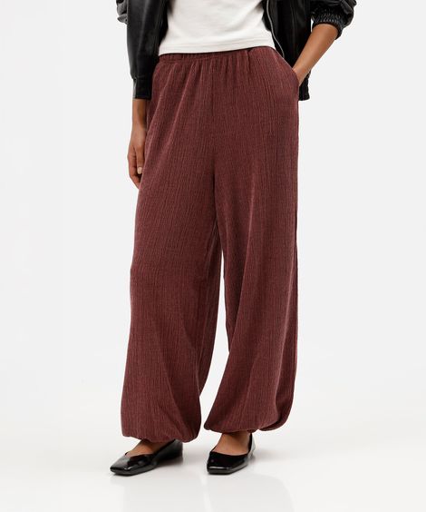 calça balloon feminina cós elástico texturizada vinho