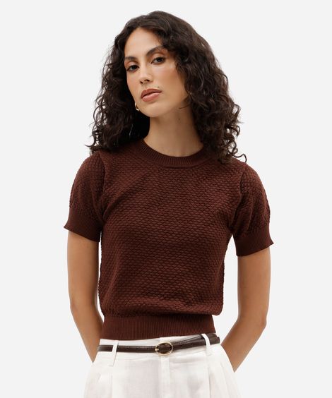 blusa feminina de tricot manga curta texturizada marrom