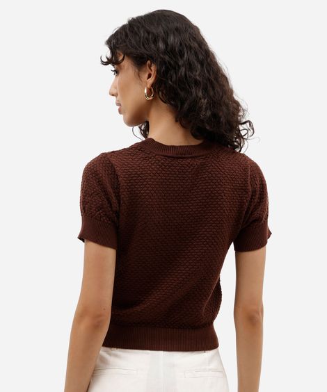 blusa feminina de tricot manga curta texturizada marrom