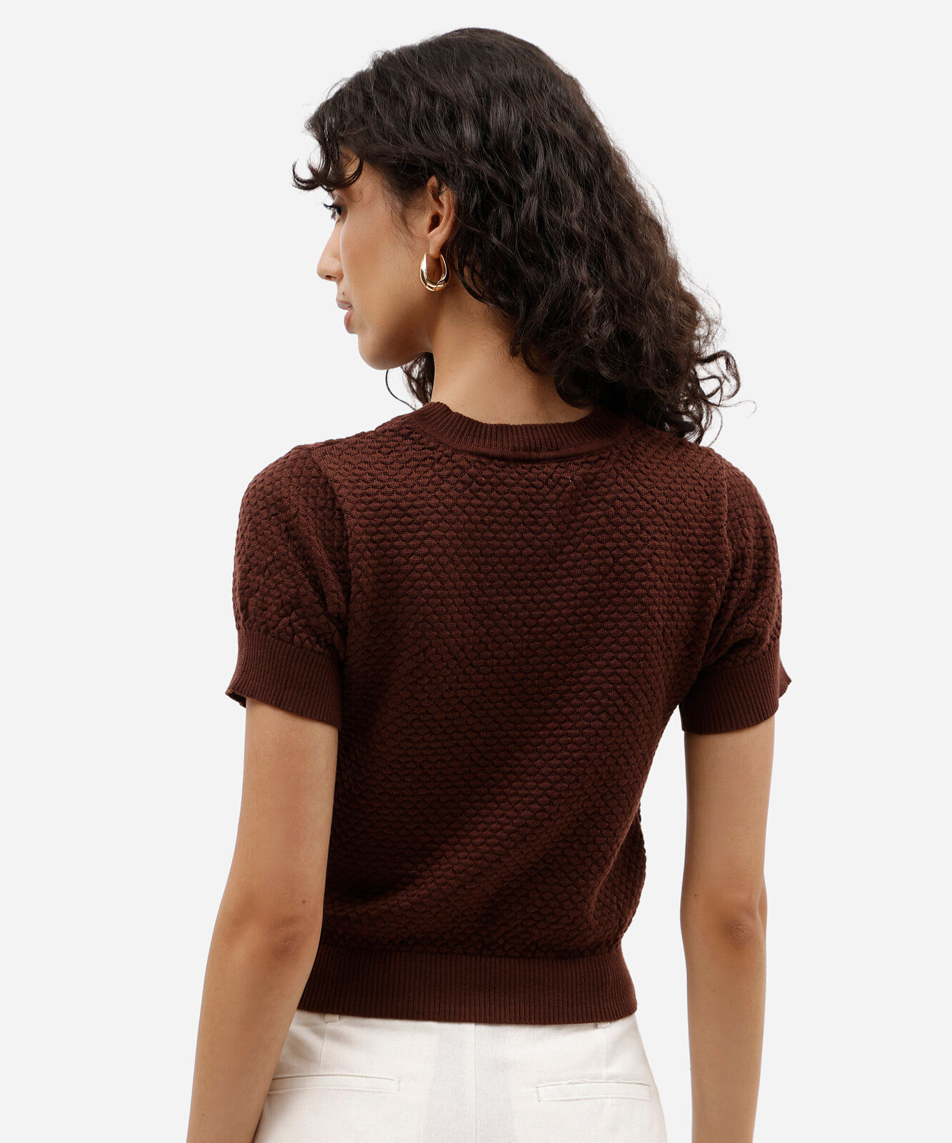 blusa feminina de tricot manga curta texturizada marrom