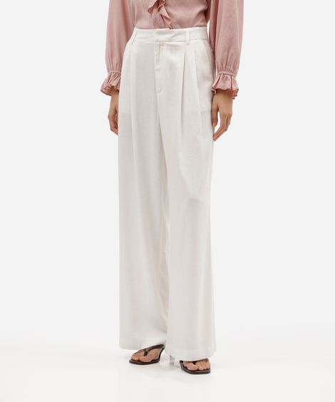 calça wide leg de alfaiataria feminina com linho e pregas off white