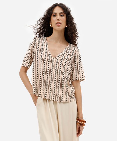 blusa feminina de viscose decote v manga curta étnica bege