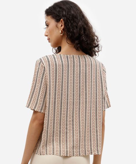 blusa feminina de viscose decote v manga curta étnica bege