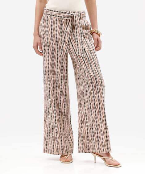 calça pantalona feminina com linho e faixa étnica bege