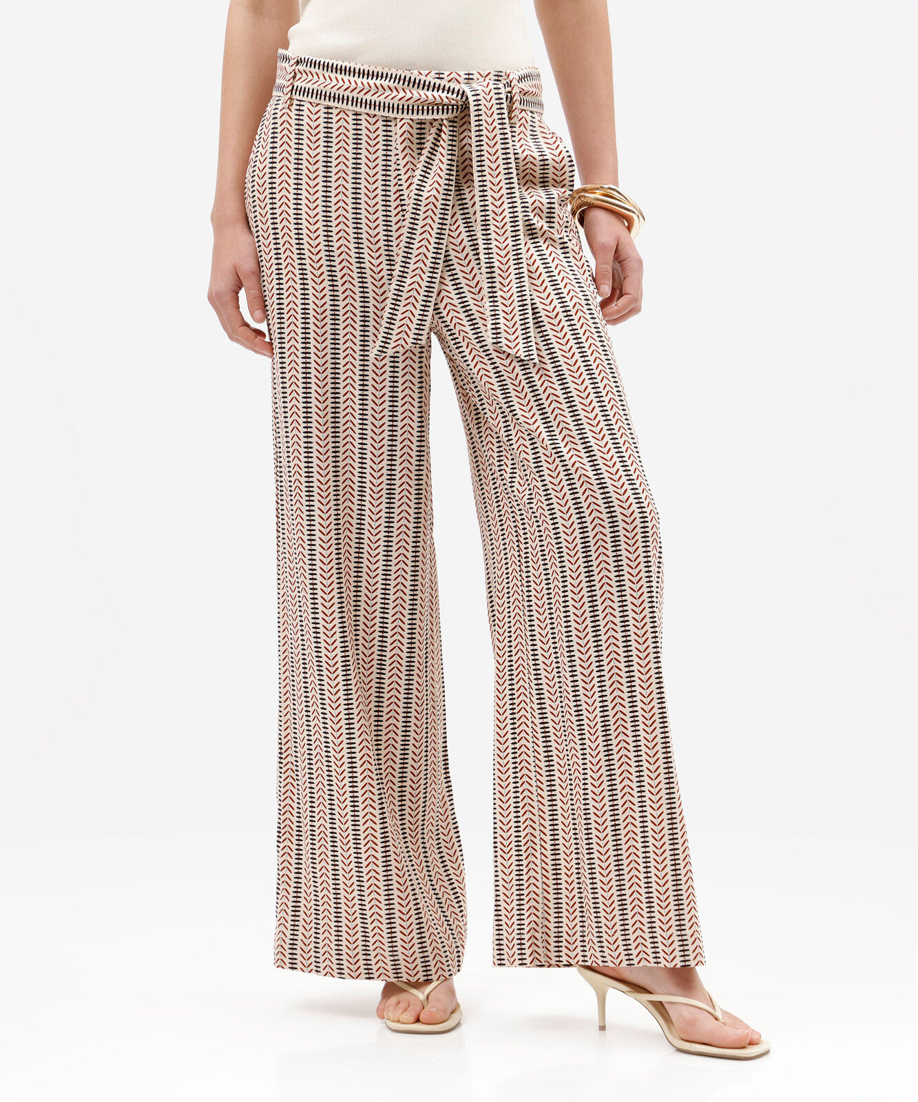 calça pantalona feminina com linho e faixa étnica bege