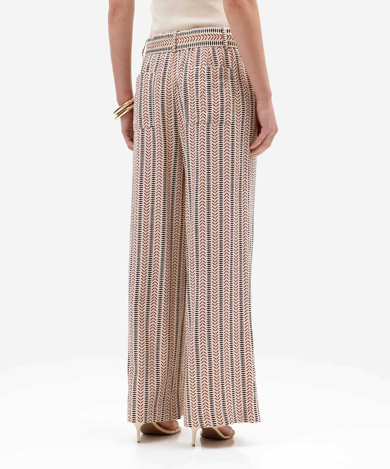 calça pantalona feminina com linho e faixa étnica bege