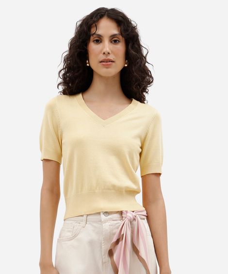 blusa cropped feminina de tricot decote v manga curta amarela