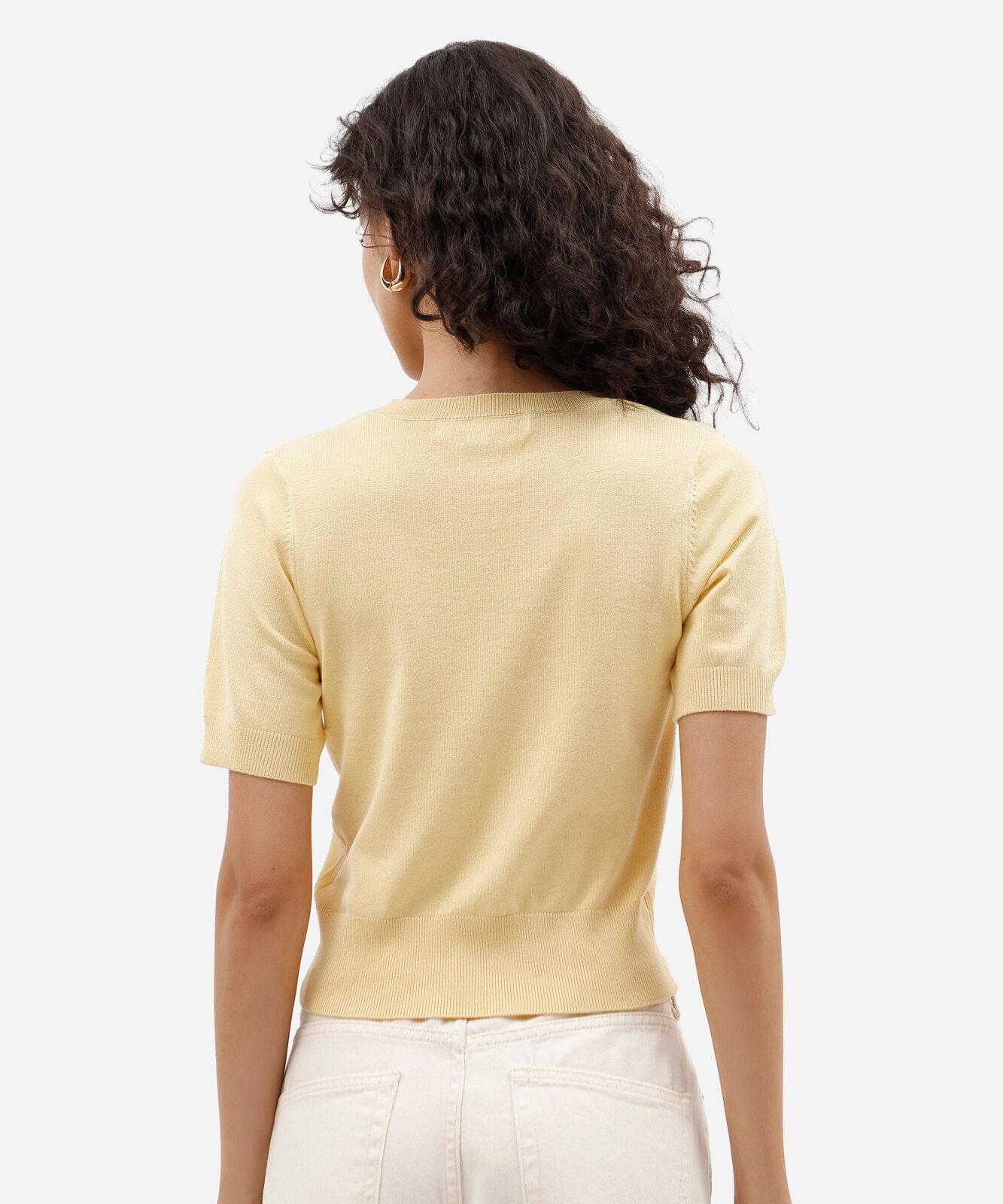 blusa cropped feminina de tricot decote v manga curta amarela