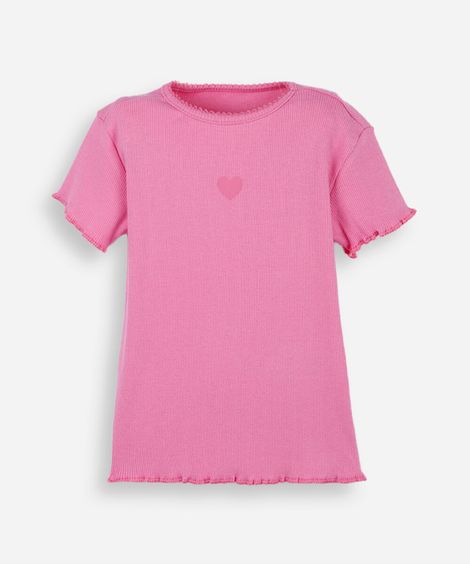 blusa infantil de algodão manga curta com bordado rosa