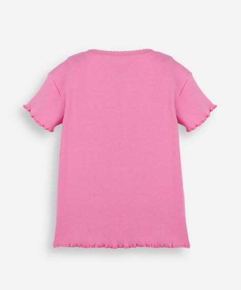 blusa infantil de algodão manga curta com bordado rosa