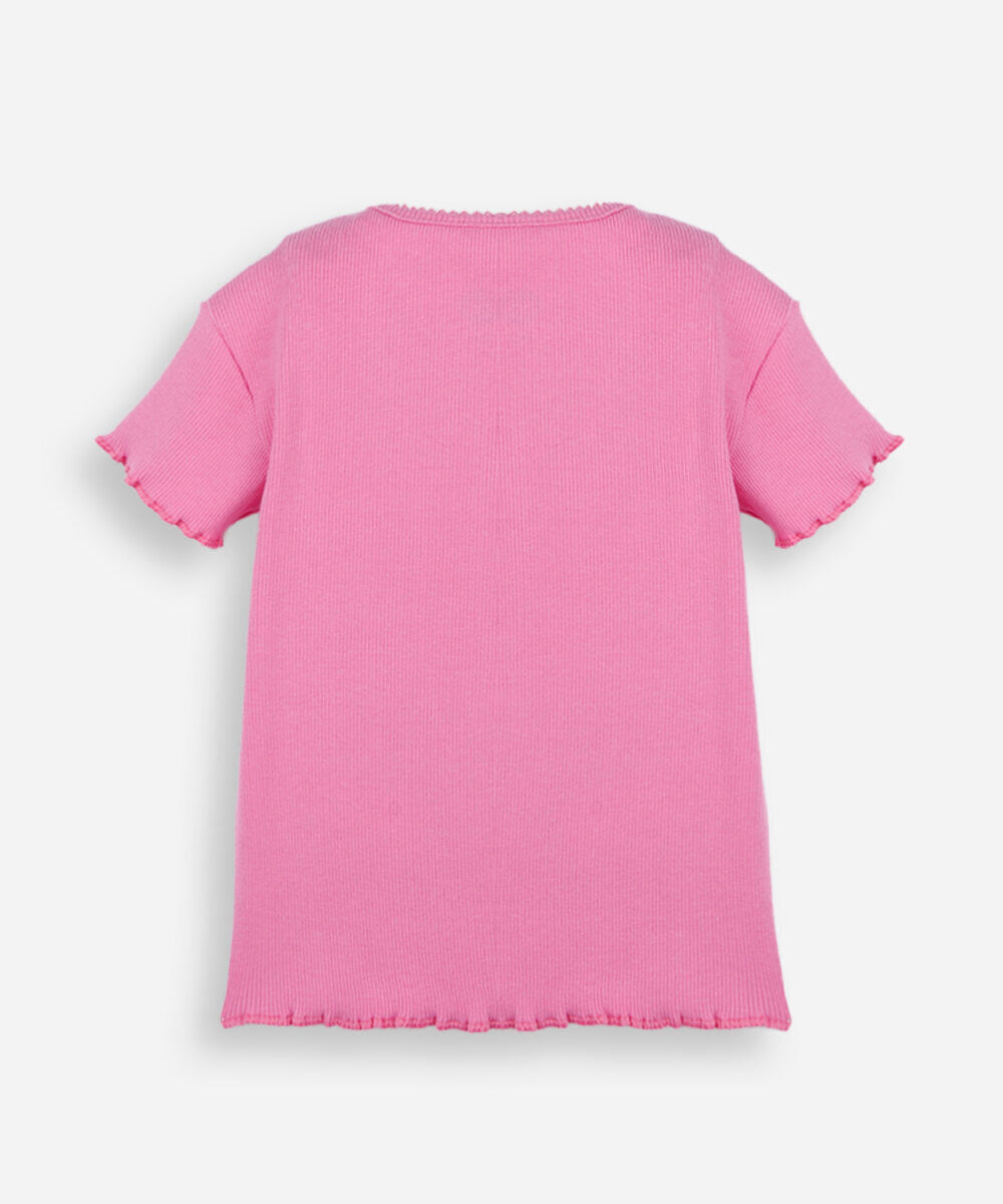 blusa infantil de algodão manga curta com bordado rosa