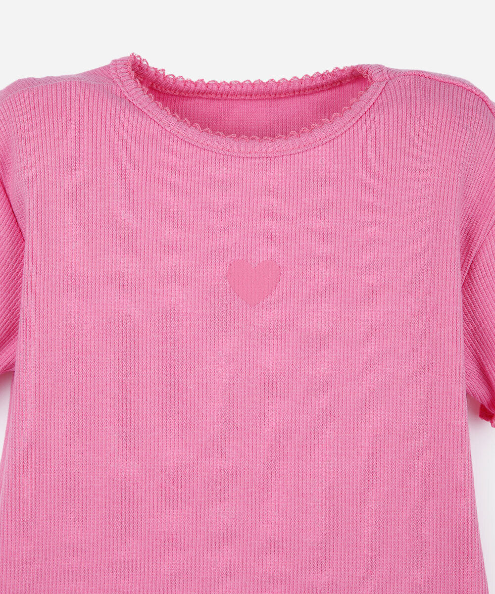 blusa infantil de algodão manga curta com bordado rosa