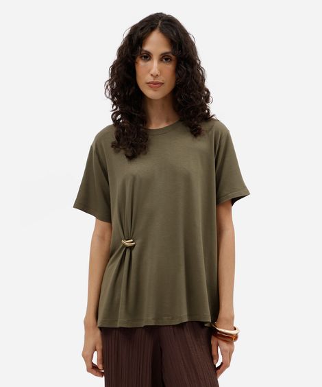 blusa oversized feminina de viscose manga curta com fivela verde