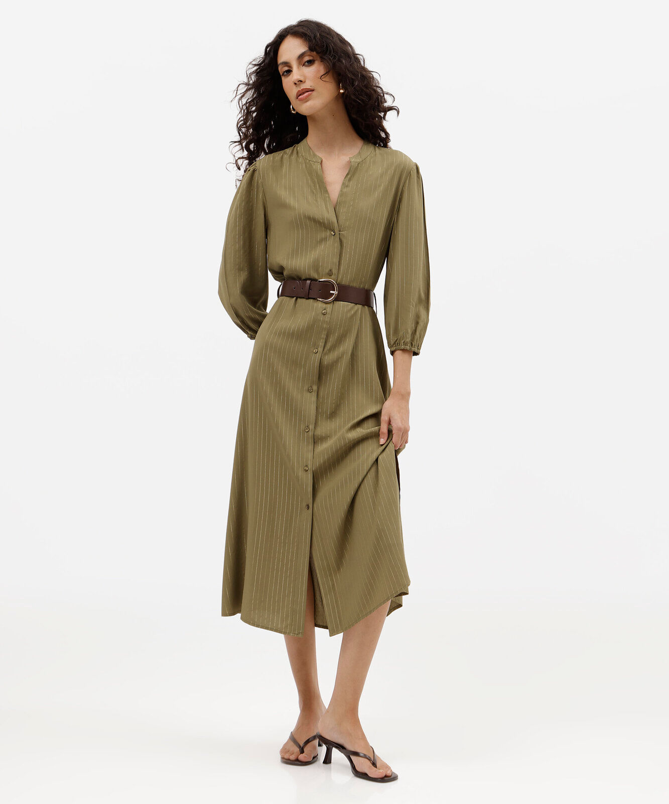vestido midi chemise feminino de viscose com cinto listrado verde