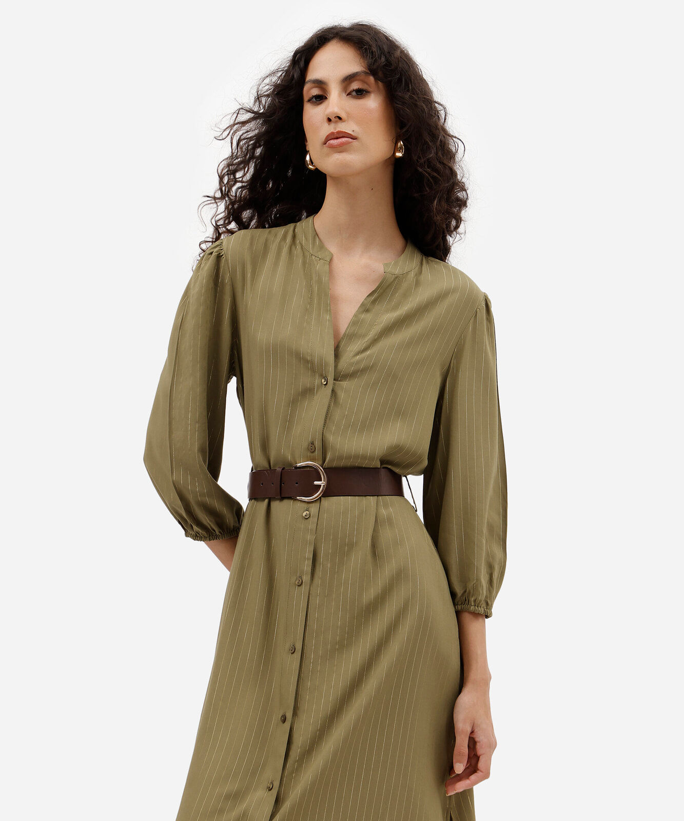 vestido midi chemise feminino de viscose com cinto listrado verde