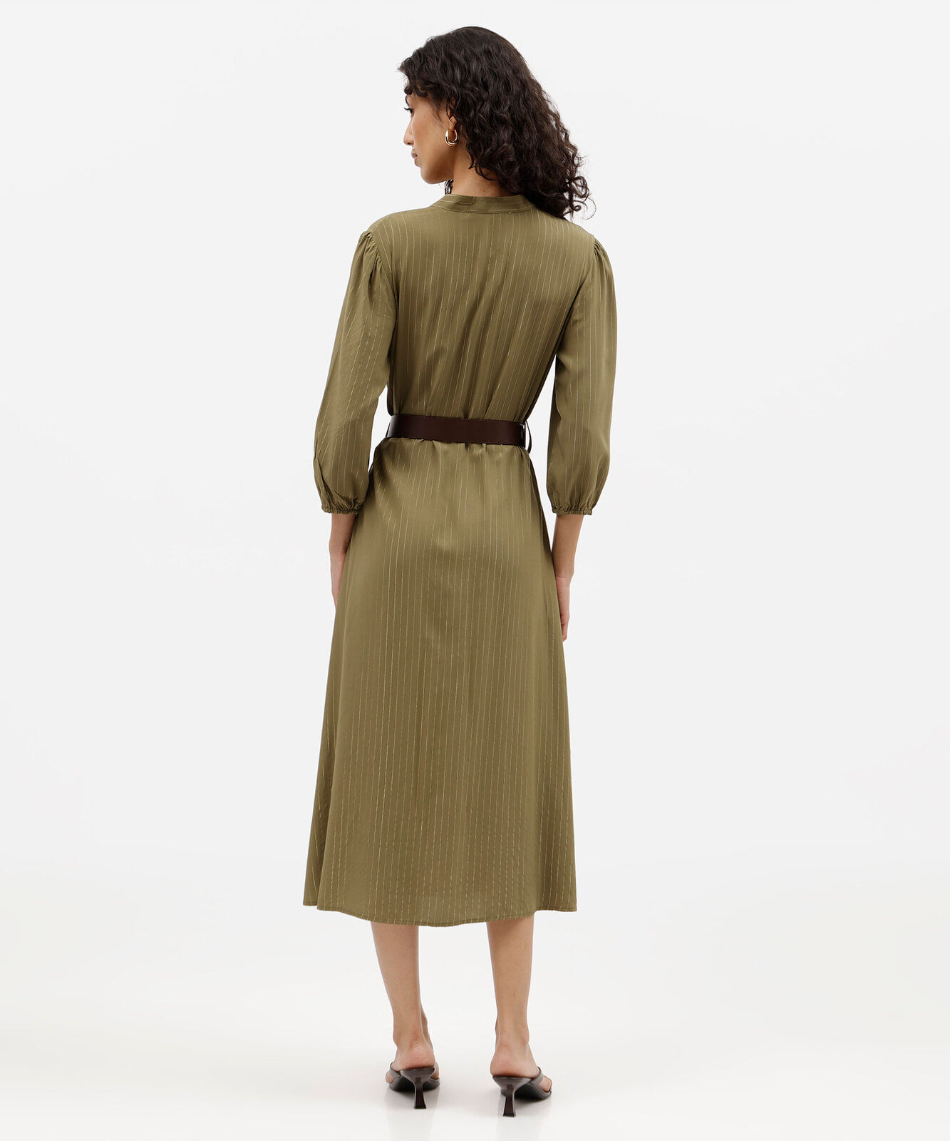 vestido midi chemise feminino de viscose com cinto listrado verde