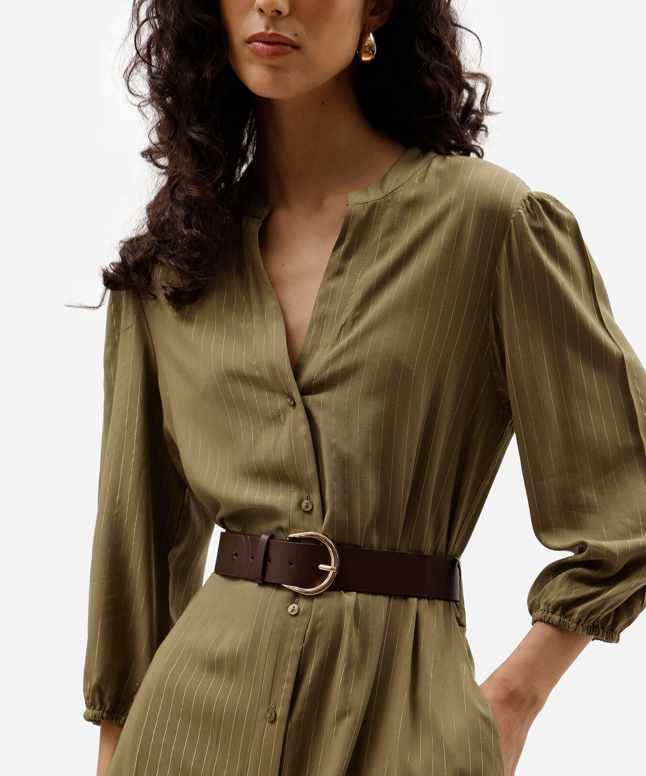 vestido midi chemise feminino de viscose com cinto listrado verde