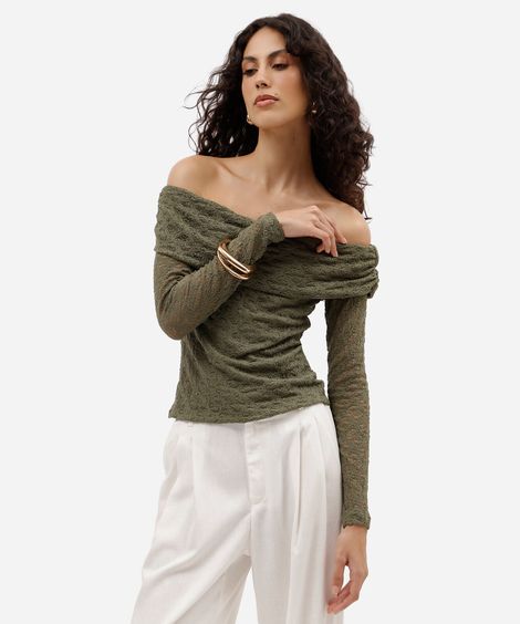 blusa ombro a ombro feminina de renda manga longa verde