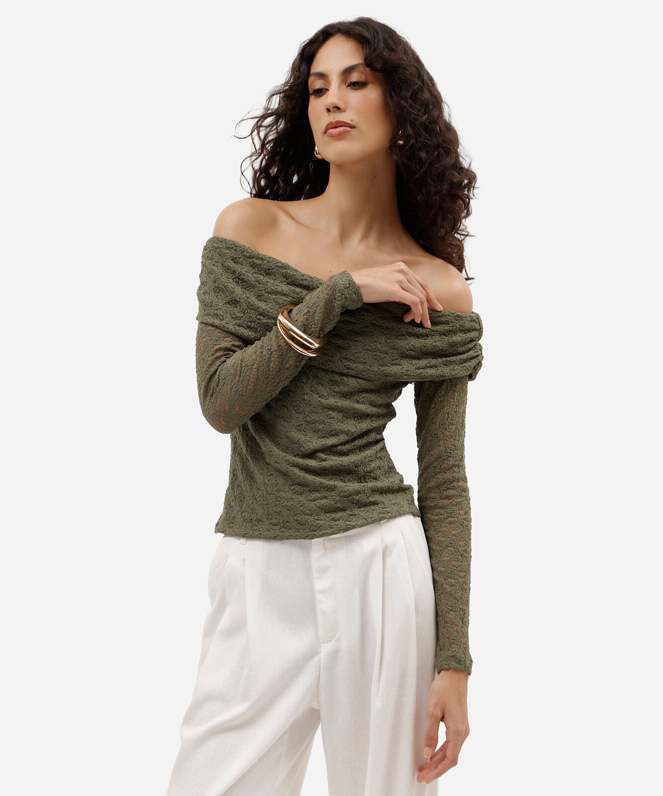 blusa ombro a ombro feminina de renda manga longa verde