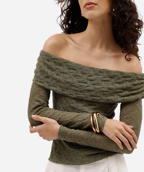 blusa ombro a ombro feminina de renda manga longa verde
