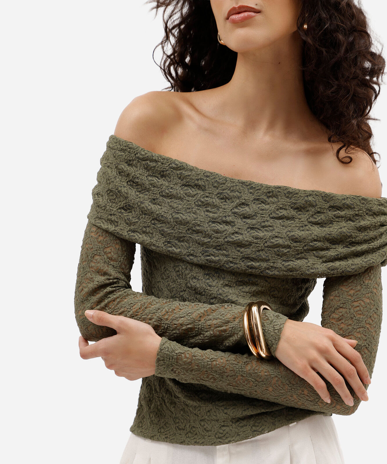 blusa ombro a ombro feminina de renda manga longa verde