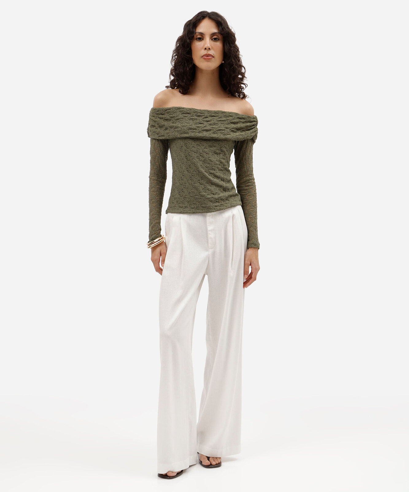 blusa ombro a ombro feminina de renda manga longa verde