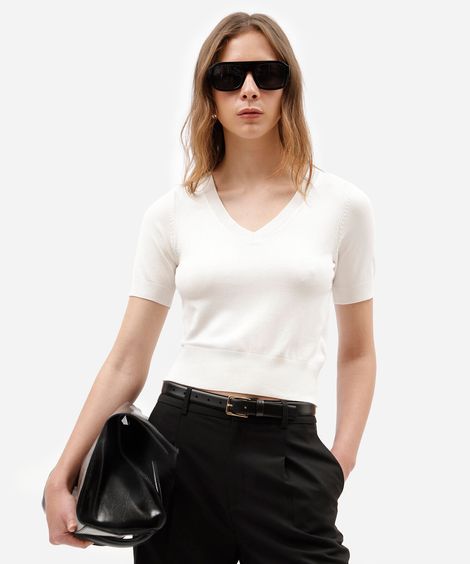 blusa cropped feminina de tricot decote v manga curta off white