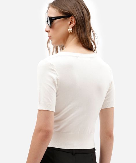 blusa cropped feminina de tricot decote v manga curta off white