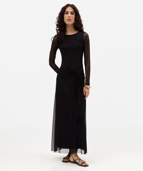 vestido longo feminino de tule manga longa com amarração preto