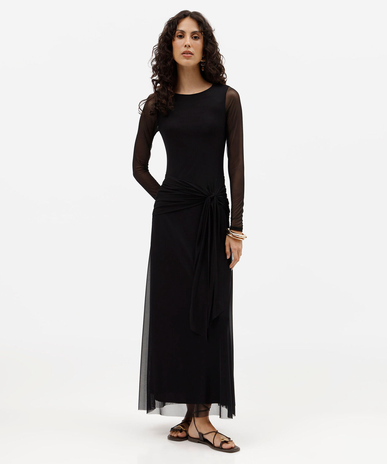 vestido longo feminino de tule manga longa com amarração preto