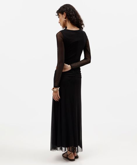 vestido longo feminino de tule manga longa com amarração preto