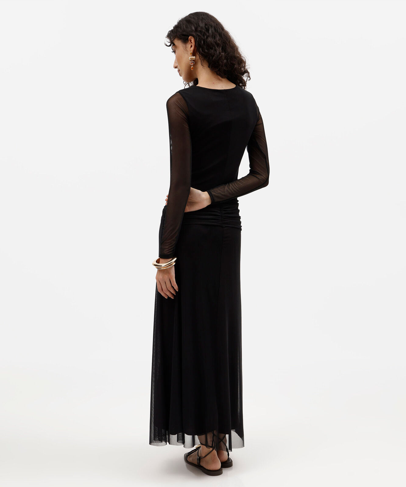 vestido longo feminino de tule manga longa com amarração preto