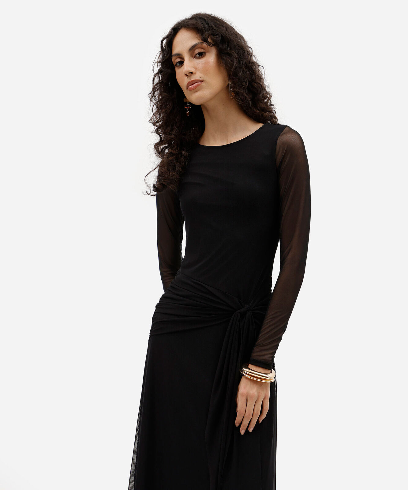 vestido longo feminino de tule manga longa com amarração preto