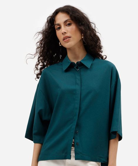 camisa oversized feminina com linho manga curta azul