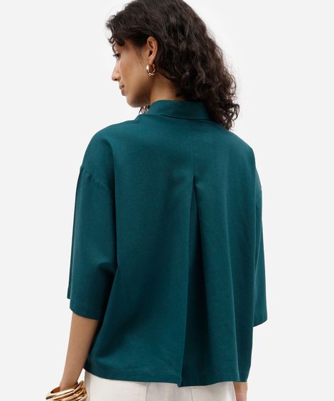 camisa oversized feminina com linho manga curta azul